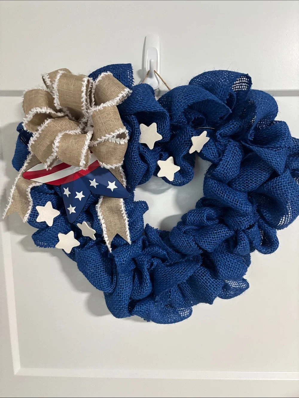 Hand Crafted Blue Burlap Patriotic Wreath with Tan Bow and White Stars